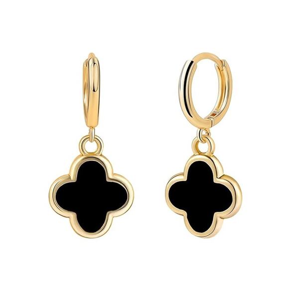 Four Leaf Clover Earrings Hoop Dangle 14K Gold Clover Earrings Non Tarnish Black - Picture 11 of 11
